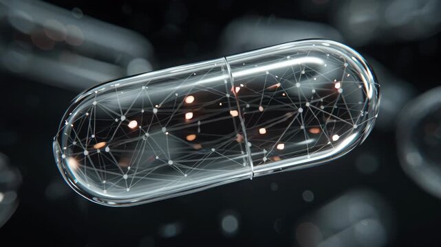 A pill is shown in a cloud of other pills. The pill is clear. Close-up active targeting AI guidance metaphor visualized as floating subtle vector field around capsule, targeted drug delivery