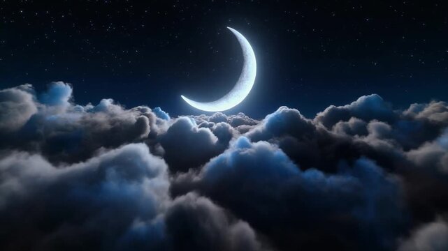 A crescent moon shines brightly in the starry night sky above a thick layer of ethereal, dark blue and gray cinematic clouds, suggesting a dream or fantasy.