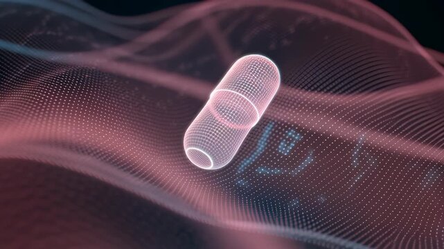 A pill is floating on a blue and pink background. Close-up active targeting AI guidance metaphor visualized as floating subtle vector field around capsule, targeted drug delivery