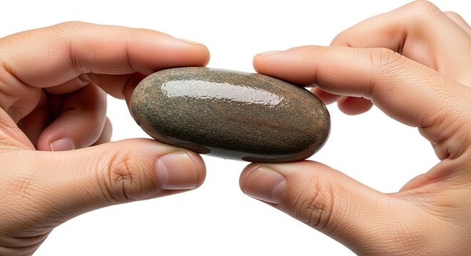 Two hands pinching a smooth wet graybrown oval river stone