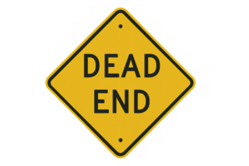 Yellow dead end road sign indicating no through road, symbolising failure, limitation, and a stop in progress on transparent background