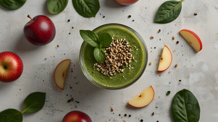 Perfectly arranged green power smoothie composition topped with sesame seeds and mint leaf presented in flat lay style. Food and recipe concept
