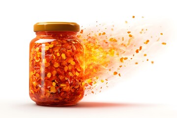 Vibrant Red Spice Jar With Flying Chili Flakes and Explosive Effect