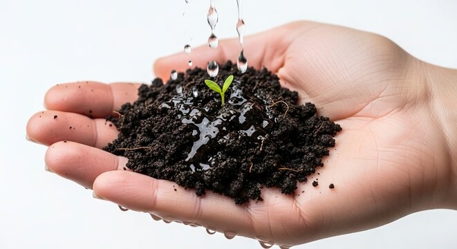 Hand holding soil  sprout Water droplets falling
