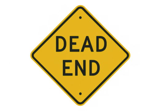 Yellow dead end road sign indicating no through road, symbolising failure, limitation, and a stop in progress on transparent background