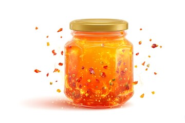 Jar of vibrant orange jelly with sparkling fruit pieces around it