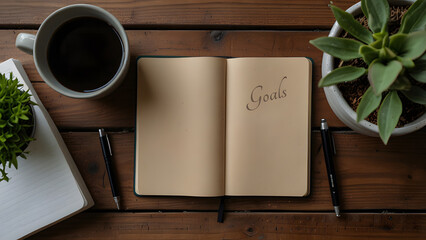 Neutral colored desk setup containing a spiral notebook centered with a "Goals" wreath design and surrounded by warm coffee and vibrant green plants. Productivity and business concept