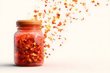 Colorful Spice Jar with Falling Red and Orange Flakes on White Background