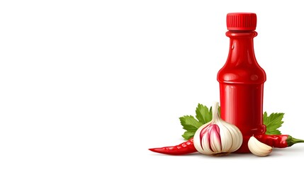 Red Sauce Bottle with Garlic and Chili Peppers on White Background
