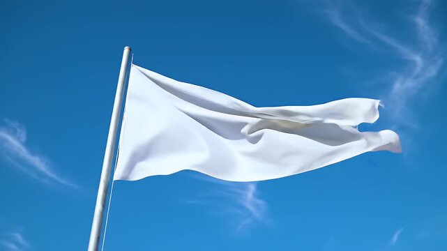 White Fabric Flag Waving Gracefully Against A Clear Blue Sky With Wispy Clouds On A Sunny Day