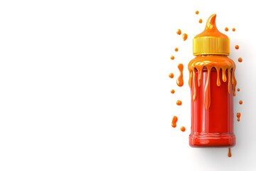 Vibrant Orange Sauce Bottle With Dripping Condiment On White Surface