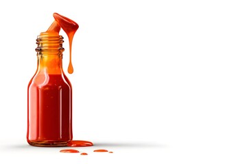 Fresh Red Sauce Bottle with Dripping Condiment on White Background