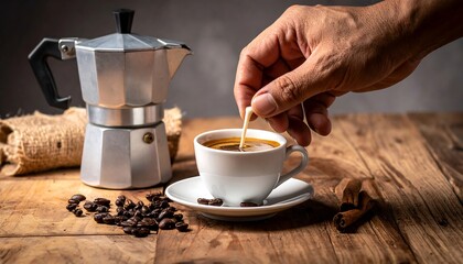 Hand stirring cream into a cup of coffee with a Moka pot and beans on a rustic wooden surface