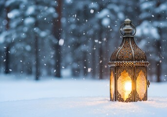 Vintage lantern glowing in snowy winter forest at Christmas evening