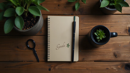 Neutral colored desk setup containing a spiral notebook centered with a "Goals" wreath design and surrounded by warm coffee and vibrant green plants. Productivity and business concept