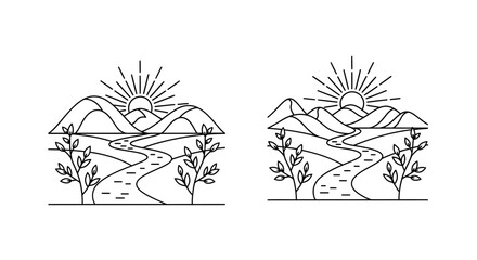 Minimalist landscape illustration featuring mountains sun river and botanical elements