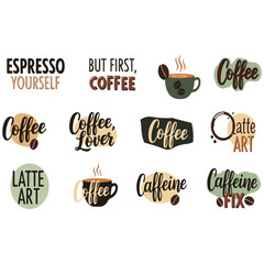 Vector Set of Coffee Quotes and Art Lettering: 'Espresso Yourself', 'But First, Coffee', 'Coffee Lover', 'Latte Art', and 'Caffeine Fix' Typography for Cafe Signage and Digital Media
