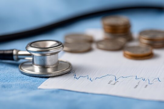Stethoscope resting on a financial chart with stacked coins, symbolizing costs, investment, and insurance in healthcare and medical finance - Powered by Adobe