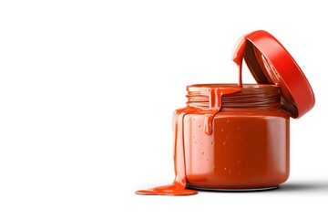 Smooth Red Sauce Jar With Lid and Spilled Contents on White Background