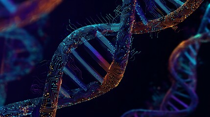 Digital Genetics Concept: Wireframe DNA Helix Intertwined with Flowing Circuit Board and Futuristic Technology.