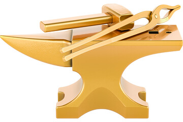 Golden Anvil with Forging Hammer and Blacksmith Tongs, transparent background