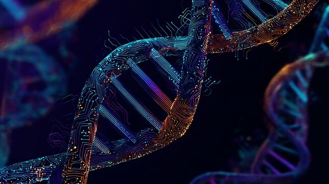 Digital Genetics Concept: Wireframe DNA Helix Intertwined with Flowing Circuit Board and Futuristic Technology.