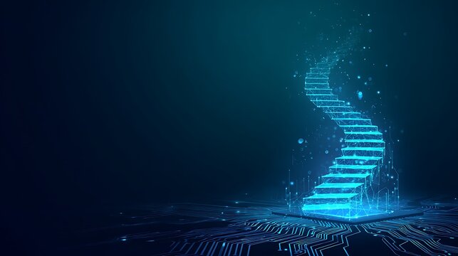 Digital success stairs in technology low poly wireframe style on dark blue background. Staircase and podiums. Career boost strategy. Business tech bg. Vision and mission. Abstract vector illustration