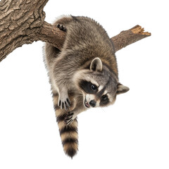 Obraz premium Raccoon hanging playfully from branch, wildlife charm