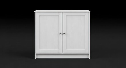 White cabinet with two doors featuring wooden texture  round metal knobs set against a dark background