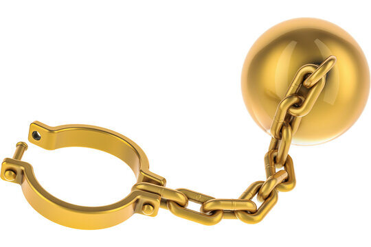 Golden prison shackle with chain, transparent background