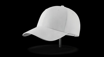 White cap on stand neutral background with a diffused spotlight effect highlighting the fabric texture and seams