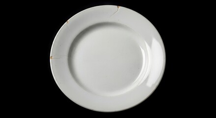 White ceramic plate on black background with cracks and visible wear and tear