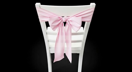 White chair with pink bow centered on a black backdrop