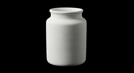 White ceramic vase with horizontal lines stands against a black background