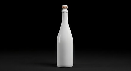 White champagne bottle with a cork centered on a black surface
