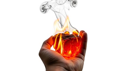 Hand holds flaming cube smoke rises against a white backdrop creating a striking visual contrast