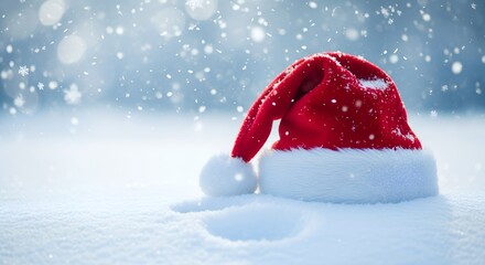 Classic Santa Claus hat resting on snowy ground in winter sunlight
