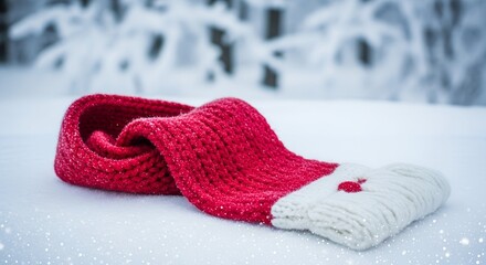 Warm knitted red scarf lying on snow in peaceful winter landscape
