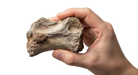 Hand holds fossilized vertebrae textured surface neutral tones against a white backdrop