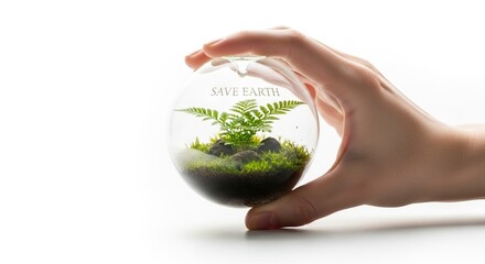 Hand holds glass terrarium with plant moss rocks SAVE EARTH printed on glass