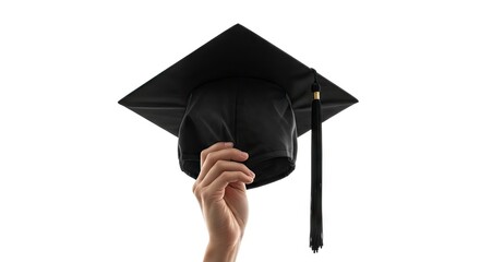 Hand holds graduation cap black square mortarboard with a long black tassel against a white background