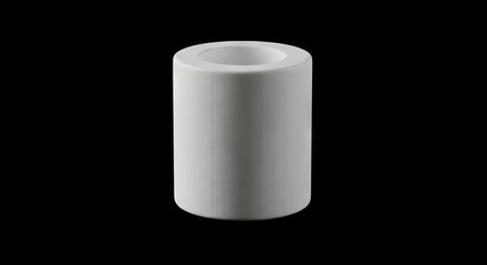 White cylinder with hollow top wood grain texture on black backdrop