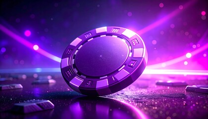 Glowing purple poker chip in focus, surrounded by blurry chips and luminous beams, on a speckled surface