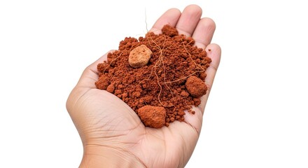 Hand holds reddish soil small rocks and fine roots isolated against white