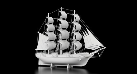 White detailed tall ship model on a black background reflecting slightly on the surface