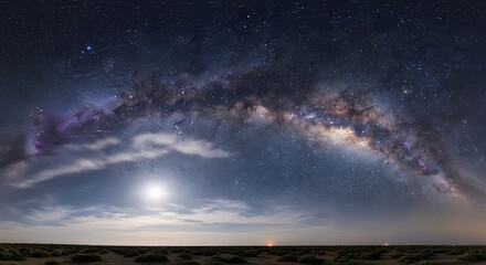 Fototapeta premium Expansive Milky Way Galaxy and Bright Moon over a Dark Desert Landscape