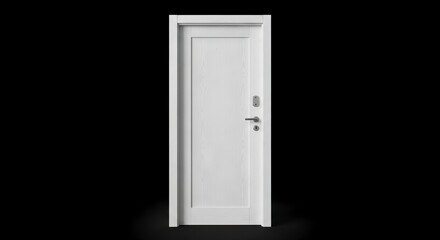 White door on a black background featuring a simple handle and lock