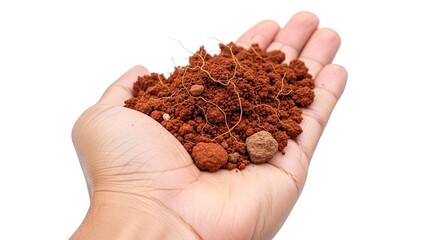 Hand holds reddishbrown soil with small rocks  root strands against a white background