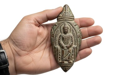 Hand holds ornate Buddha amulet with patina finish against a white background