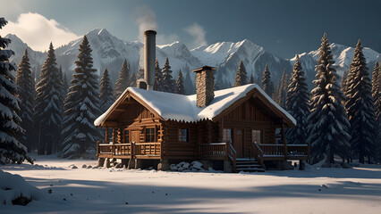 Traditional rustic wooden log cabin structure with heavy snow coverage and smoke rising from the tall stone chimney. Winter architecture and travel concept
